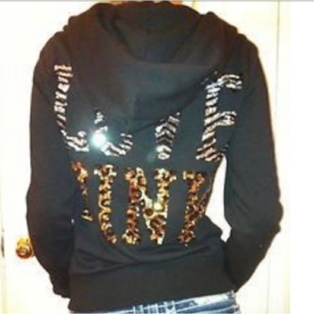 ISO Victoria Secret PINK Black Cheetah/Zebra bling full zip hoodie; size large